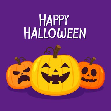 Happy halloween greeting card with cute pumpkin. Holidays cartoon character. Halloween pumpkin head vector.