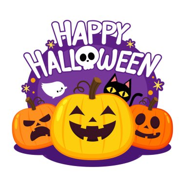 Happy halloween greeting card with cute pumpkin. Holidays cartoon character. Halloween pumpkin head vector.