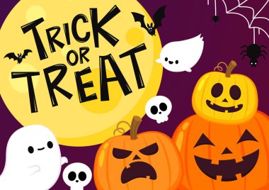 Happy halloween greeting card with cute pumpkin. Holidays cartoon character. Halloween pumpkin head vector.