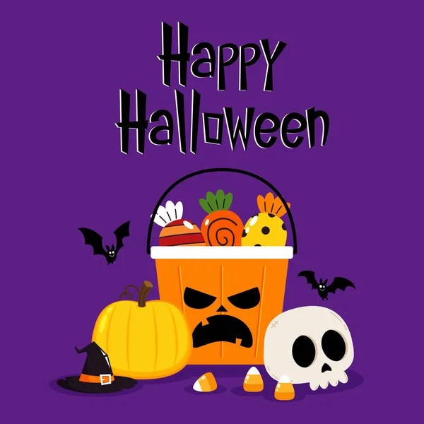 Halloween Kürbiskorb Mit Bonbons Süßigkeiten Und Süßer Korb Vektor Cartoon — Stockvektor