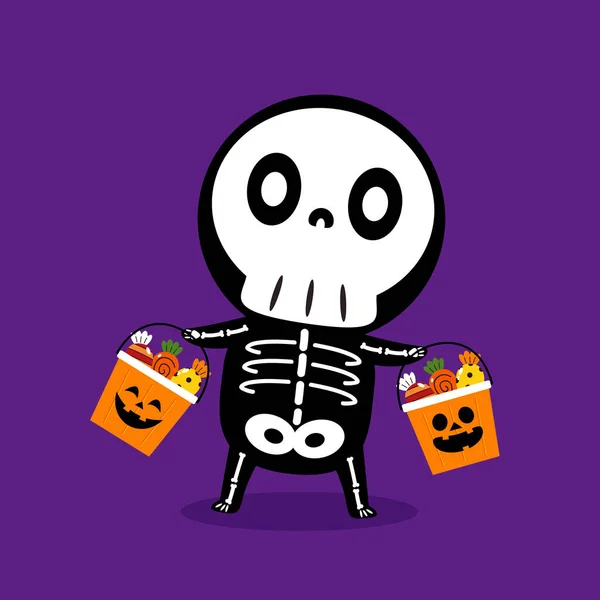 Esqueleto Halloween Bonito Cesta Abóbora Desenhos Animados Esqueleto Dia Halloween — Vetor de Stock