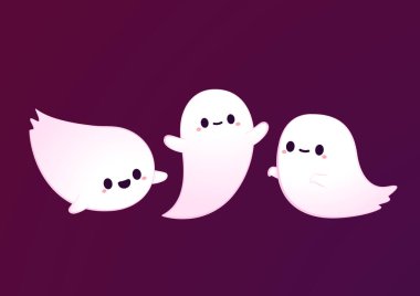 Happy halloween party greeting card with cute ghost. Holidays cartoon character. Trick or treat. Halloween funny cartoon.