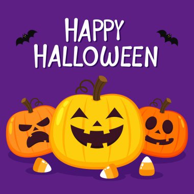 Happy halloween greeting card with cute pumpkin. Holidays cartoon character. Halloween pumpkin head vector.