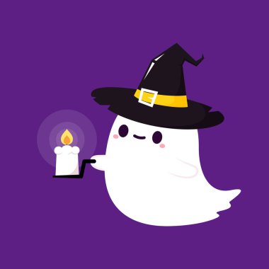 Happy halloween party greeting card with cute ghost. Holidays cartoon character. Trick or treat. Halloween funny cartoon.