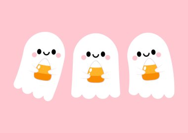 Happy halloween party greeting card with cute ghost. Holidays cartoon character. Trick or treat. Halloween funny cartoon.