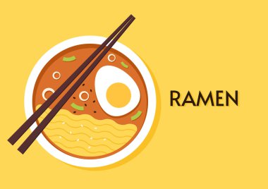 Japon ramen çorbası illüstrasyon vektörü. (Japon yemeği). Japon eriştesi üst görünüm.