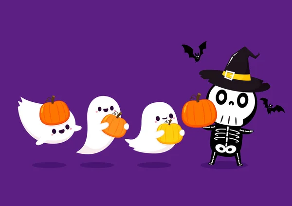 Esqueleto Halloween Bonito Desenho Animado Ghost Esqueleto Dia Halloween Desenhos — Vetor de Stock