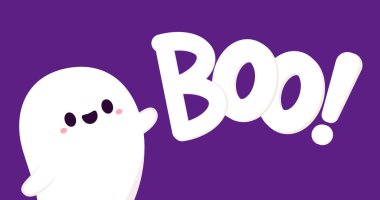 Tatlı hayaletli Cadılar Bayramı tebrik kartın kutlu olsun. Tatil çizgi film karakteri. Şeker mi şaka mı? Cadılar Bayramı çizgi filmi. Yuh! Pankart.