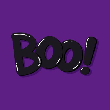 Boo işareti. Boo mesajı. Tek bir kelime. Yazdırılabilir grafik tişörtü. Baskı için karalama tasarımı. Vektör çizimi. Renkli. Mutlu Cadılar Bayramı tebrik kartı.