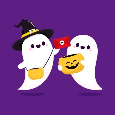 Tatlı hayaletli Cadılar Bayramı tebrik kartın kutlu olsun. Şeker mi şaka mı? Cadılar Bayramı zarfı vektörü. Cadılar Bayramı 'nda kağıt zarf.