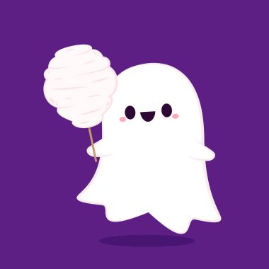 Şirin hayalet ve pamuk helva vektörü. Tatlı hayaletli Cadılar Bayramı tebrik kartın kutlu olsun. Şeker mi şaka mı? Cadılar Bayramı komik çizgi filmi. 