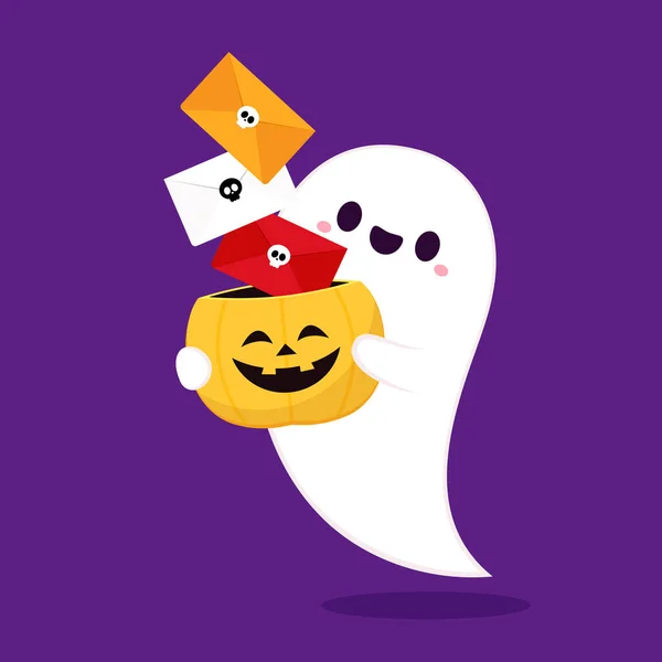 Feliz Festa Halloween Cartão Saudação Com Fantasma Bonito Doce Travessura — Vetor de Stock