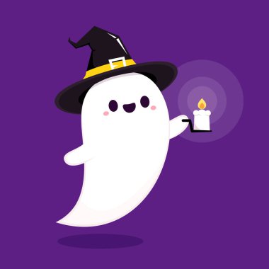 Happy halloween party greeting card with cute ghost. Holidays cartoon character. Trick or treat. Halloween funny cartoon.