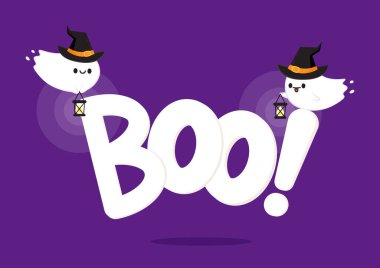 Çüş! Yarasa, örümcek, hayalet ve Boo vektör işareti olan bir yazı dizaynı. Beyaz arka planda izole edilmiş Cadılar Bayramı mesajı silueti. Karikatür Cadılar Bayramı tebrik kartı. Çizim BOO.