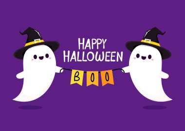 Happy Halloween banner. Halloween spooky cartoon vector. Flying ghost spirit holding bunting flag Boo. Happy Halloween. Scary white ghosts. Cute cartoon spooky character.