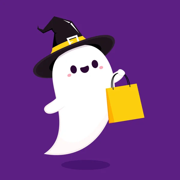 Cute Ghost Halloween Day Ghost Shoping Mascot Cartoon Vector Shoping — Stock Vector