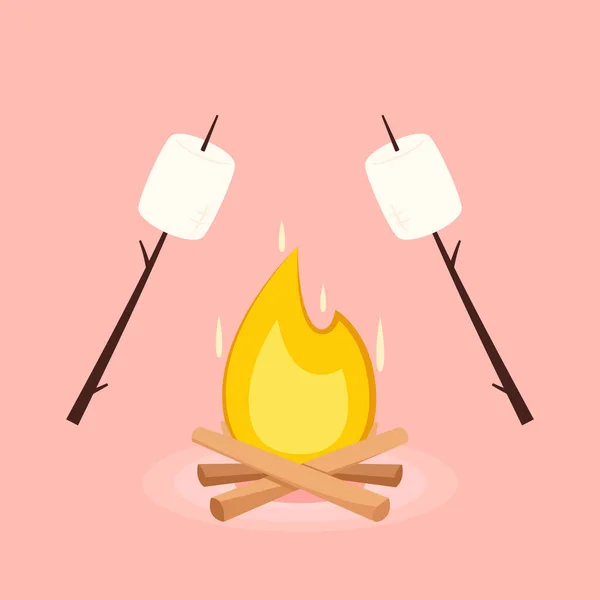 Brända Marshmallows Marshmallow Stick Och Bonfire Vektor — Stock vektor