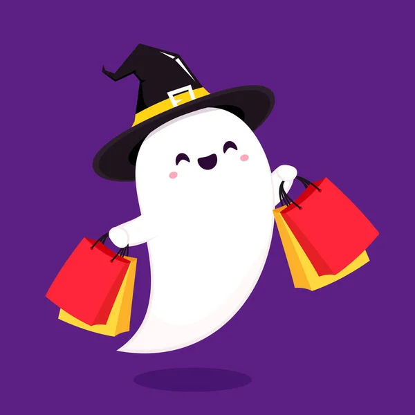 Fantôme Mignon Dans Journée Halloween Mascotte Shopping Fantôme Vecteur Dessin — Image vectorielle