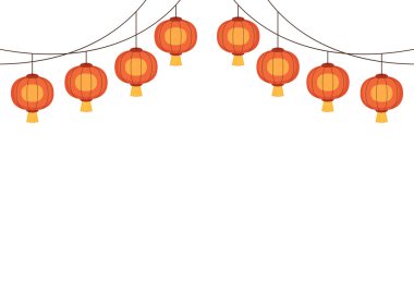 2023 yılınız kutlu olsun. Çin yeni yıl afişi, gösteri için daire şeklinde. Tebrik kartı. Kırmızı zemin üzerinde fener bulunan Çin çerçevesi.