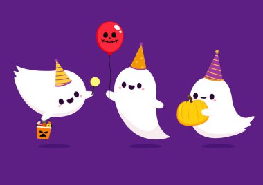 Happy halloween party greeting card with cute ghost. Holidays cartoon character. Cute spooky ghosts. Spooky ghosts in a halloween hat