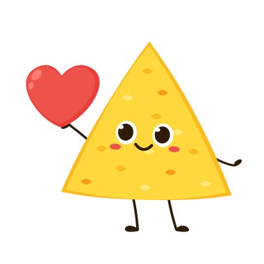 Nacho karakter tasarımı. Beyaz arka planda cips. Pembe kalp ve Şirin Nacho çizgi film vektörü.