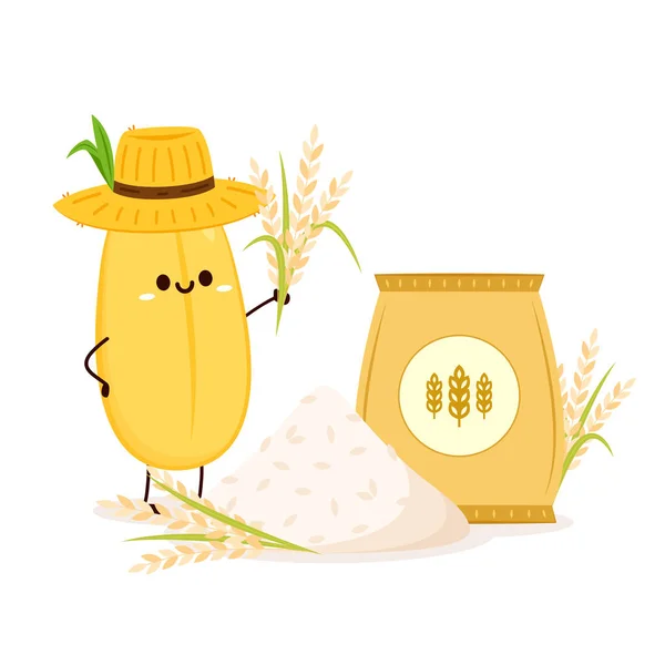 Rijst Karakter Ontwerp Rijstvector Witte Achtergrond Rijstzaad Boerenhoedenvector Stapel Rijst — Stockvector
