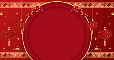 2023 yılınız kutlu olsun. Çin yeni yıl afişi, gösteri için daire şeklinde. Tebrik kartı. Kırmızı zemin üzerinde fener bulunan Çin çerçevesi.