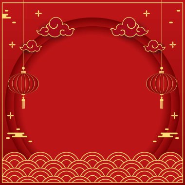 2023 yılınız kutlu olsun. Çin yeni yıl afişi, gösteri için daire şeklinde. Tebrik kartı. Kırmızı zemin üzerinde fener bulunan Çin çerçevesi.