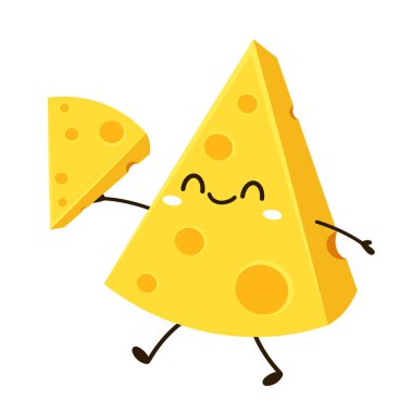 Sevimli peynir karakteri. Düz stil komik yemek simgesi. Süt emojisi vektör illüstrasyonu.