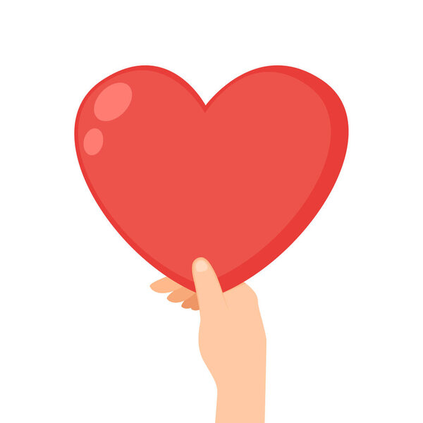 Valentine Day illustration on white color background. Sharing woman hand give red shape heart with word love. Flat style romantic design of love heart for Valentine greeting card.