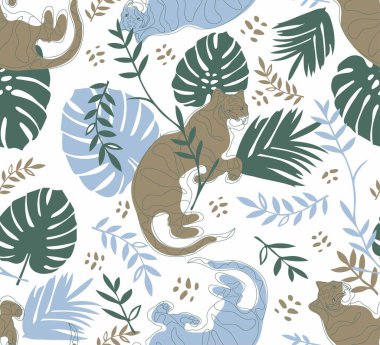 Kaplanların dinlenme şekli kusursuz vektör deseni. Çizgi sanatı tarzında kaplanlar, ana hatları. Büyük vahşi kediler tropikal yapraklarda yatar. Tekstil, ambalaj, kağıt, duvar kağıdı üzerine baskı için tasarım. 