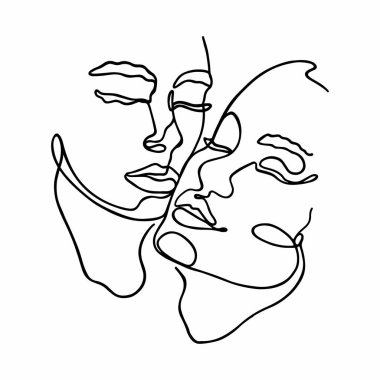 Vector illustration of people faces in line art style. Couple, lovers, tenderness. Black and white one line drawing. Doodle, minimalism, outline. Isolated on white background.