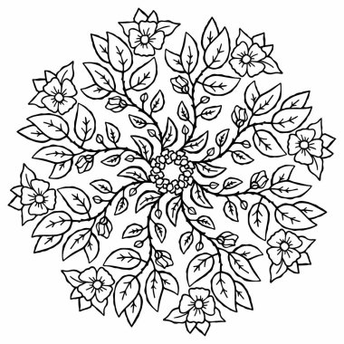 Vektör siyah ve beyaz çiçek süsü. Çiçek ve yaprakların siyah beyaz çizimi. Doğa, botanik, bitkiler. Dekorasyon için desen. Boyama sayfaları. Stres önleyici. Eşsiz el çizimi desen.