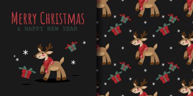 Noel bayramı afişi, Mutlu Noeller mesajı ve pürüzsüz şirin ren geyiği desenleri hediye paketi ve kar taneleriyle siyah arka planda kırmızı eşarp takıyor. Vektör illüstrasyonu.