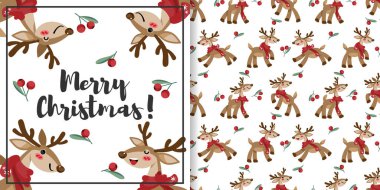 Noel bayramı afişi, Mutlu Noeller metniyle ve şirin ren geyiklerinin pürüzsüz deseniyle siyah arka planda eşarp ve böğürtlen tacıyla yeşil yapraklı kırmızı böğürtlen. Vektör illüstrasyonu.