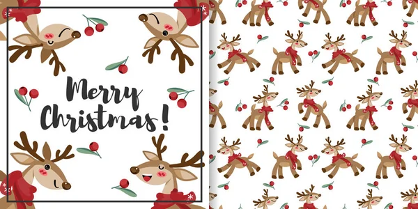 Noel bayramı afişi, Mutlu Noeller metniyle ve şirin ren geyiklerinin pürüzsüz deseniyle siyah arka planda eşarp ve böğürtlen tacıyla yeşil yapraklı kırmızı böğürtlen. Vektör illüstrasyonu.