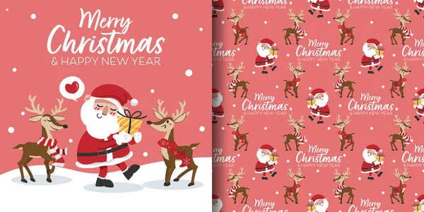 Noel bayramı afişi, Mutlu Noeller mesajı ve pürüzsüz şirin ren geyiği desenli kırmızı eşarp takıyor ve Noel Baba maddesi pembe arka planda kar taneli bir hediye kutusu tutuyor. Vektör illüstrasyonu.