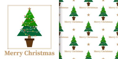 Noel bayramı afişi, Mutlu Noeller metni ve beyaz arka planda yıldızlar olan kusursuz bir Noel ağacı deseni. Vektör illüstrasyonu.