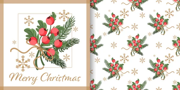 Christmas Holiday Season Banner Merry Christmas Text Seamless Pattern Holly — Stock Vector