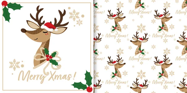 Noel bayramı afişi, Mutlu Xmas metni ve kusursuz şirin ren geyiği desenli beyaz arka planda, kar taneleriyle süslenmiş, kutsal böğürtlen dallı kurdeleler takıyor. Vektör illüstrasyonu.