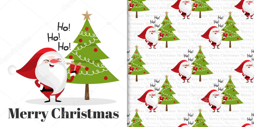 Christmas holiday season banner with Merry Christmas text and seamless pattern of Santa Claus hold a gift box with Christmas tree on white background. Vector illustration.