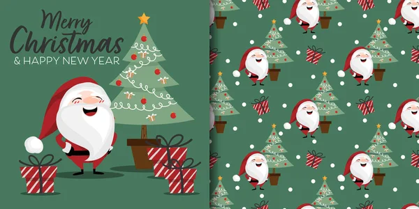 Noel bayramı afişi, Mutlu Noeller mesajı ve Noel Baba 'nın kusursuz bir şekli, Noel ağacı ve yeşil arka planda kar taneleriyle birlikte hediye kutusu. Vektör illüstrasyonu.