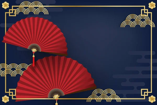 Κινέζικα Πρωτοχρονιάτικο Banner Σχεδιασμό Κόκκινο Αναδίπλωση Ανεμιστήρες Χρυσό Πλαίσιο Και Εικονογράφηση Αρχείου
