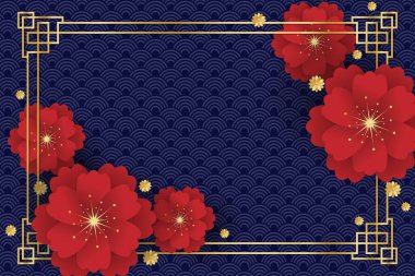 Fotokopi alanınız için koyu mavi arka planda kırmızı çiçekli Çin Yeni Yıl Festivali afişi tasarımı. 