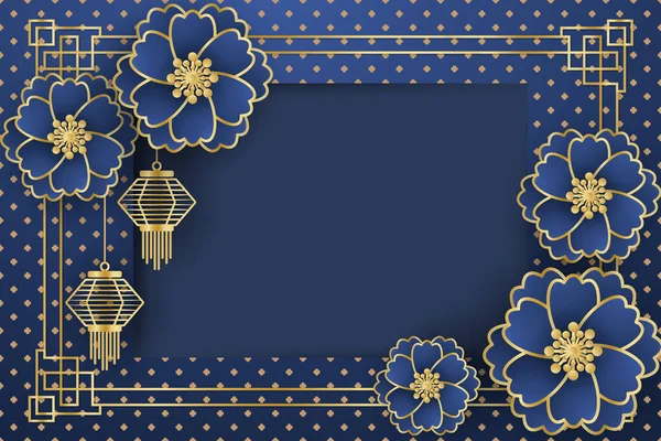 Κινεζική Πρωτοχρονιά Festival Banner Design Χρυσές Λάμπες Και Λουλούδια Μπλε Διάνυσμα Αρχείου