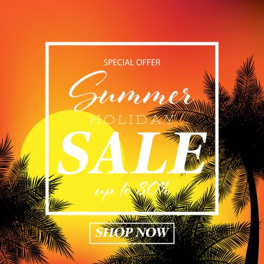 Yaz tatili poster tasarımı. Yaz tatili satışı. Üzerinde hindistan cevizi ağaçlarının silueti ve turuncu günbatımı arka planında..