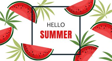 Yaz tatili afişleri yapraklı karpuz dilimleri ve beyaz arka planda Hello Summer metinleri. Vektör illüstrasyonu.