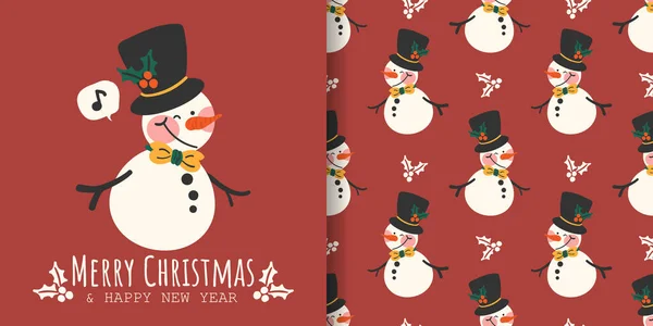 Christmas Banner Seamless Pattern Snowman Wear Black Hat Decorated Holly — Stockvektor