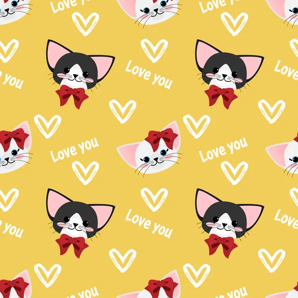 День Святого Валентина Плавный Шаблон Милые Кошки Пара Красными Лентами — стоковый вектор