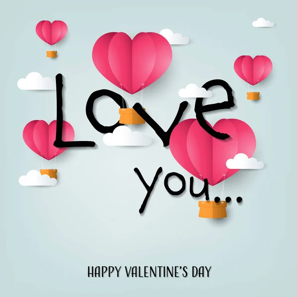 Valentijnsdag Achtergrond Van Hartvorm Heteluchtballonnen Met Wolken Rond Love You — Stockvector